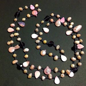 🖤Pink pearl💕MOP purple crystal long necklace